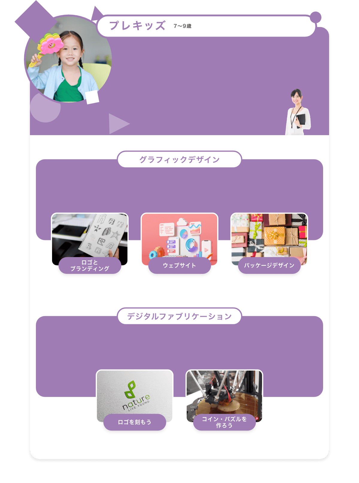キッズクラス　小学校１〜３年 平面課題　立体課題　ロゴとブランディング　ウェブサイト　パッケージデザイン　ロゴを刻もう　コイン・パズルを作ろう