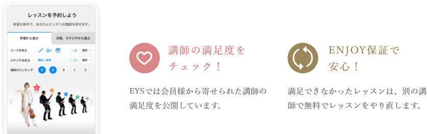 「講師の満足度をチェック！・EYSでは会員様から寄せられた講師の満足度を公開しています。」「ENJOY保証で安心！・満足できなかったレッスンは、別の講師で無料でレッスンをやり直します。」