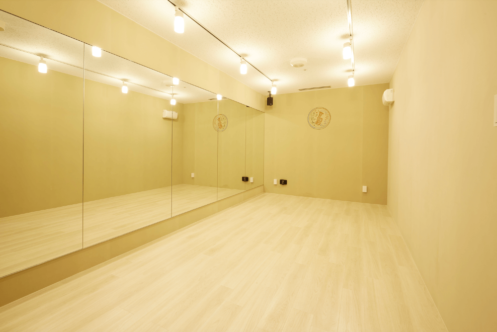 グループレッスンにも対応可能な広いレッスンルーム。大きな壁一面の鏡でご自身のレッスン姿もチェックできます。