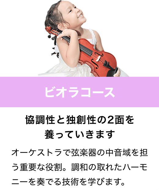 ビオラコース　協調性と独創性の2面を養っていきます　オーケストラで弦楽器の中音域を担う重要な役割。調和の取れたハーモニーを奏でる技術を学びます。