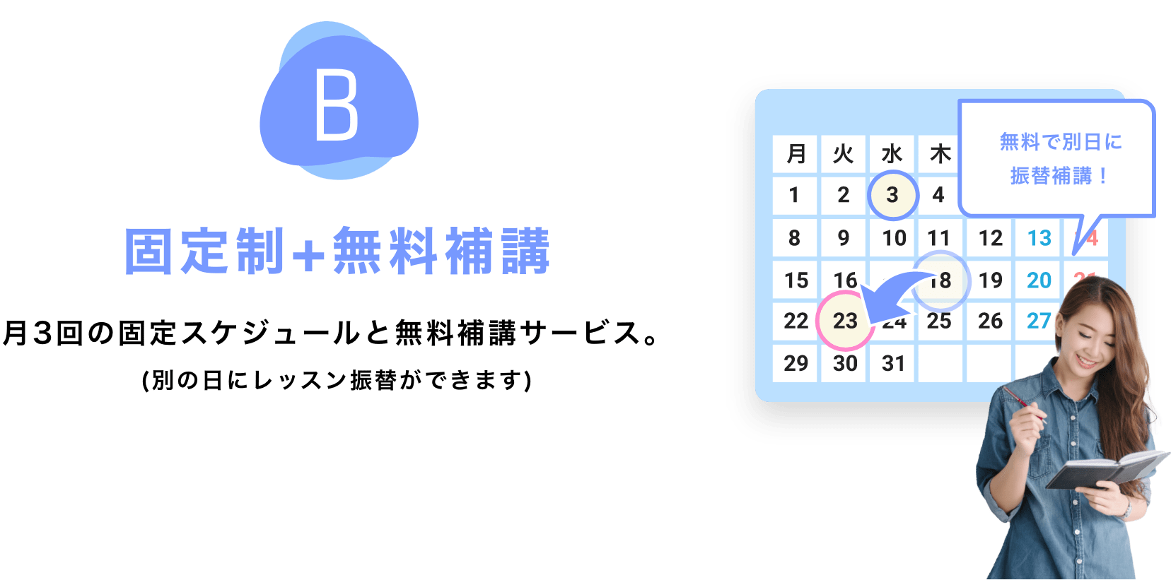 B　固定制+無料補講　月3回の固定スケジュールと無料補講サービス。(別の日にレッスン振替ができます　無料で別日に振替補講！)