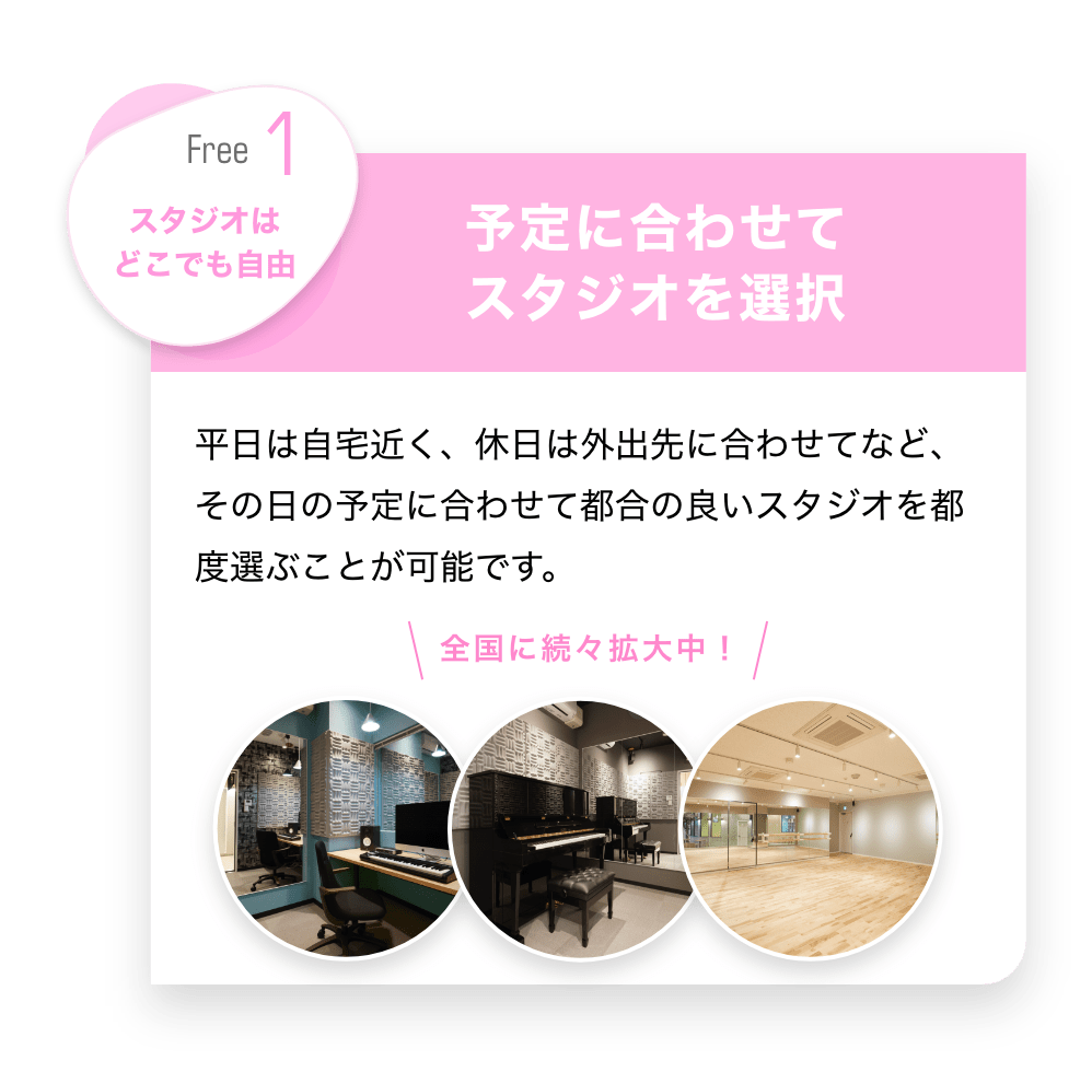 Free1 スタジオはどこでも自由　「予定に合わせてスタジオを選択」　平日は自宅近く、休日は外出先に合わせてなど、その日の予定に合わせて都合の良いスタジオを都度選ぶことが可能です。　＼全国に続々拡大中／