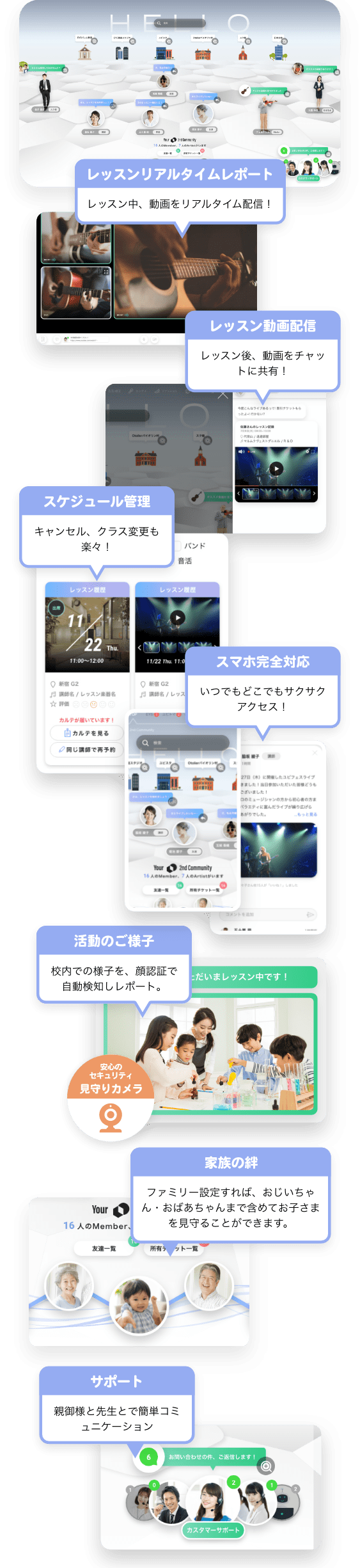 レッスンリアルタイムレポート　レッスン動画配信　スケジュール管理　スマホ完全対応　活動のご様子　家族の絆　サポート