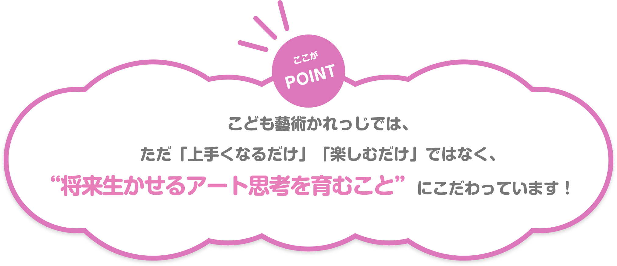 ここが POINT こども藝術かれっじでは、ただ「上手くなるだけ」「楽しむだけ」ではなく、“将来生かせるアート思考を育むこと”にこだわっています！