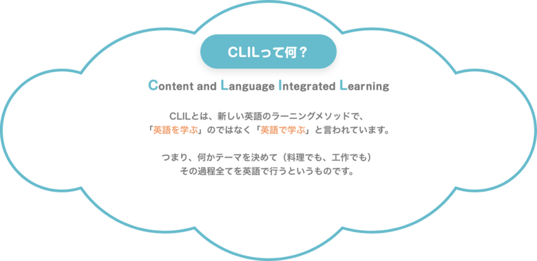 CLILって何？　Content and Language Integrated Learning CLILとは、新しい英語のラーニングメソッドで、「英語を学ぶ」のではなく「英語で学ぶ」と言われています。つまり、何かテーマを決めて（料理でも、工作でも）その過程全てを英語で行うというものです。