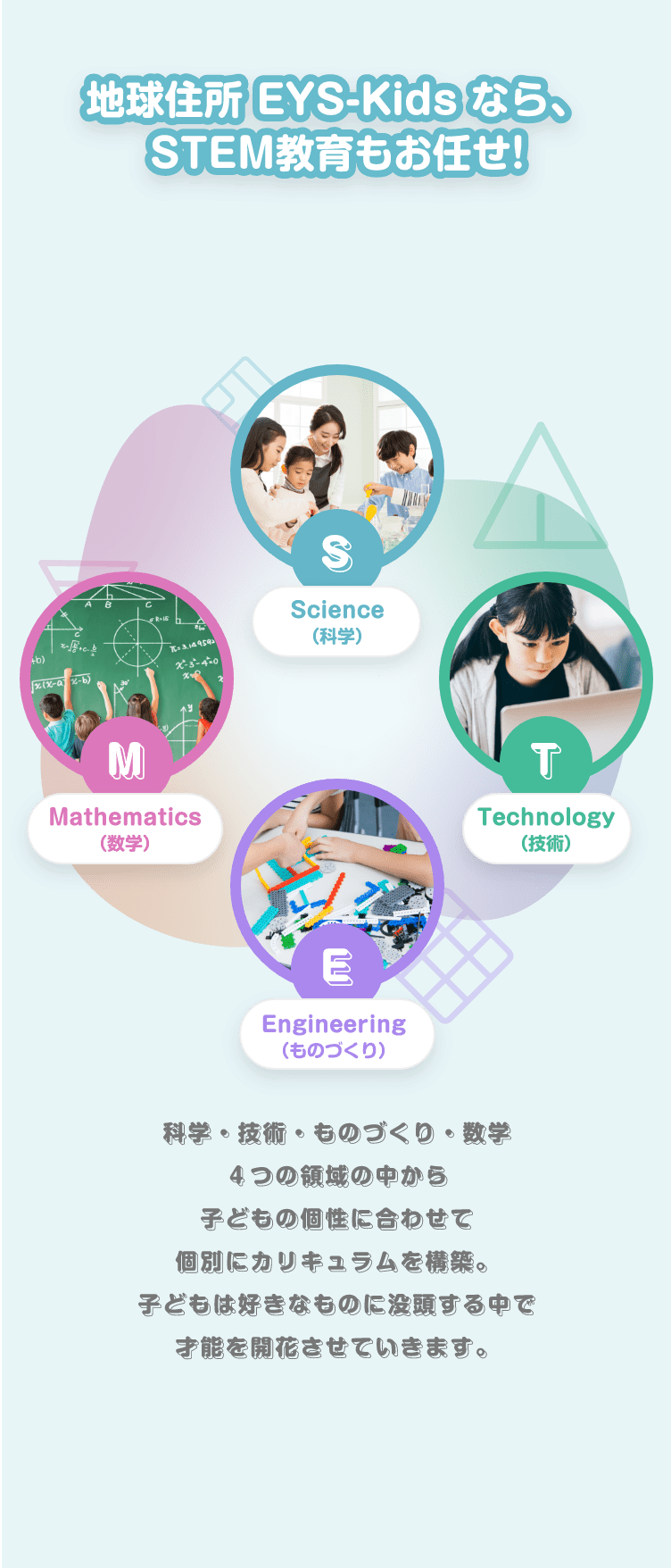 地球住所 EYS-Kidsなら、STEM教育もお任せ！　S Science(科学) T Technology(技術) E Engineering(ものづくり) M Mathematics(数学) 科学・技術・ものづくり・数学　４つの領域の中から子供の個性に合わせて個別にカリキュラムを構築。子どもは好きなものに没頭する中で才能を開花させていきます。