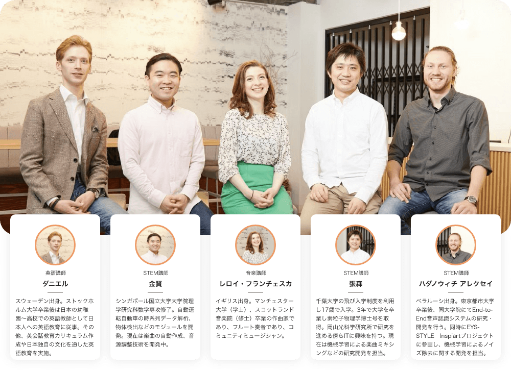 「英語講師 ダニエル スウェーデン出身。ストックホルム大学卒業後は日本の幼稚園〜高校での英語教師として日本人への英語教育に従事。その他、英会話教育カリキュラム作成や日本独自の文化を通した英語教育を実施。」　「STEM講師　金賢　シンガポール国立大学大学院理学研究科数学専攻修了。自動運転自動車の時系列データ解析、物体検出などのモジュールを開発。現在は楽曲の自動作成、音源調整技術を開発中。」　「音楽講師　レロイ・フランチェスカ　イギリス出身。マンチェスター大学（学士）、スコットランド音楽院（修士）卒業の作曲家であり、フルート奏者であり、コミュニティミュージシャン。」　「STEM講師　張森　千葉大学の飛び入学制度を利用し17歳で入学。3年で大学を卒業し素粒子物理学博士号を取得。岡山光科学研究所で研究を進める傍らITに興味を持つ。現在は機械学習による楽曲ミキシングなどの研究開発を担当。」　「STEM講師　ハダノウィチ アレクセイ　ベラルーシ出身。東京都市大学卒業後、同大学院にてEnd-to-End音声認識システムの研究・開発を行う。同時にEYS-STYLE　Inspiartプロジェクトに参画し、機械学習によるノイズ除去に関する開発を担当。」