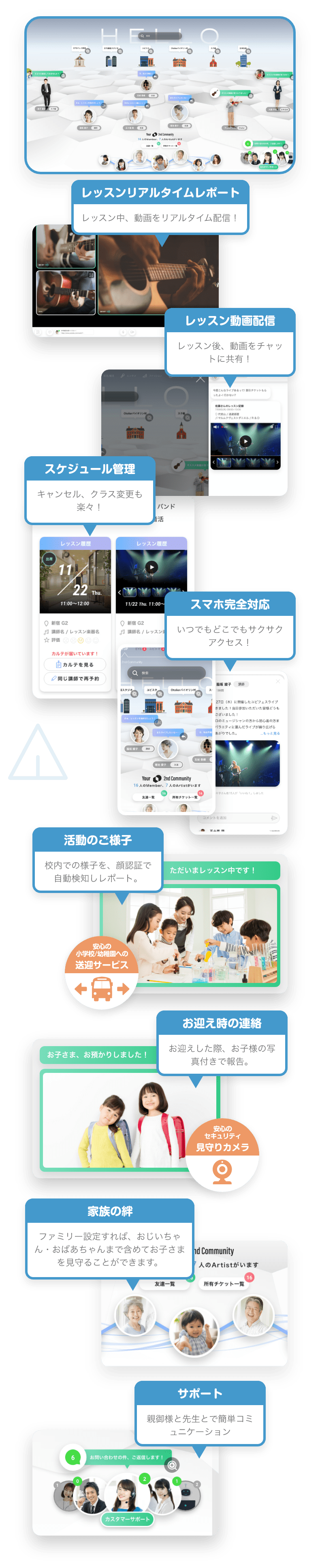 レッスン動画配信　レッスン後、動画をチャットに共有！　スケジュール管理　キャンセル、クラス変更も楽々！　スマホ完全対応　いつでもどこでもサクサクアクセス！　サポート　親御様と先生とで簡単コミュニケーション　家族の絆　ファミリー設定すれば、おじいちゃん、おばあちゃんまで含めてお子さまを見守ることができます。　活動のご様子　校内で活動される様子を、顔認証で自動検知しレポート　安心のセキュリティ見守りカメラ　お迎え時の連絡　お迎えした際、お子様の写真付きでその旨を報告。　安心の小学校／幼稚園への送迎サービス　レッスンリアルタイムレポート　レッスン中、動画をリアルタイム配信！